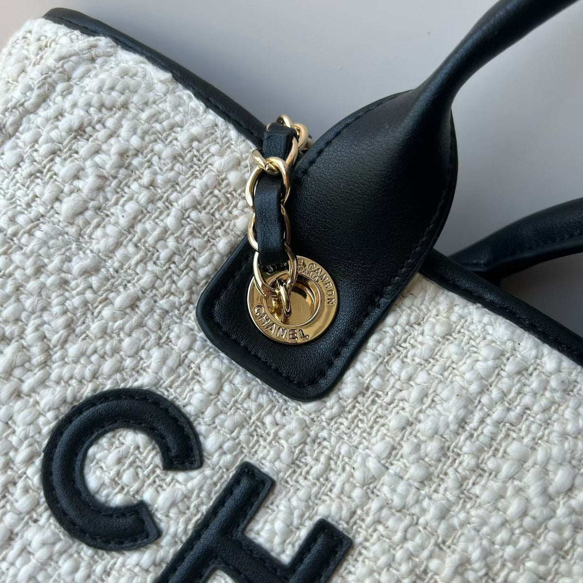 CC Deauville Tote Bag White Black Canvas & Calfskin