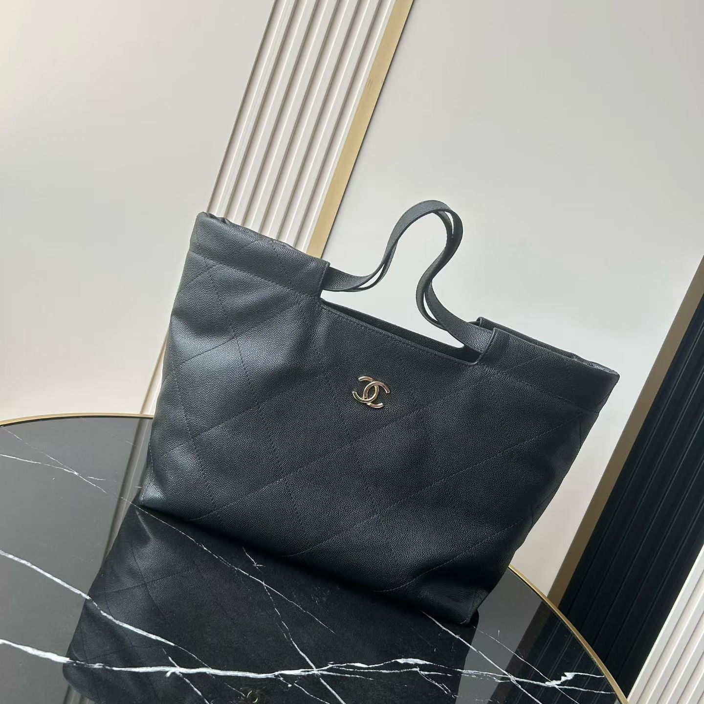 CC 26P Preppy Tote Bag 30cm Black Grained Calfskin