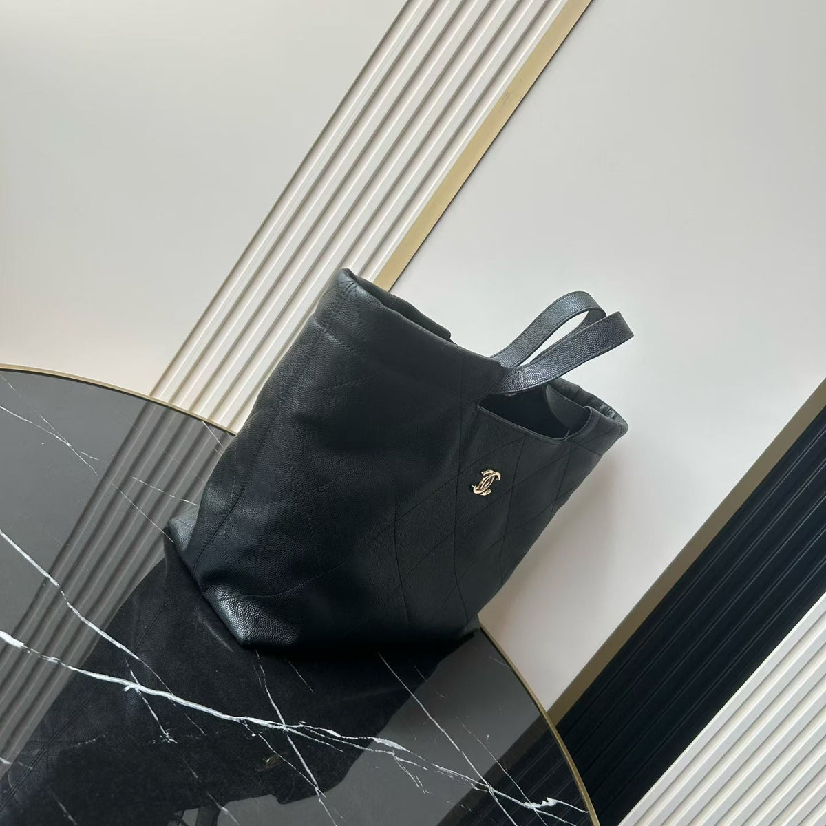 CC 26P Preppy Tote Bag 30cm Black Grained Calfskin