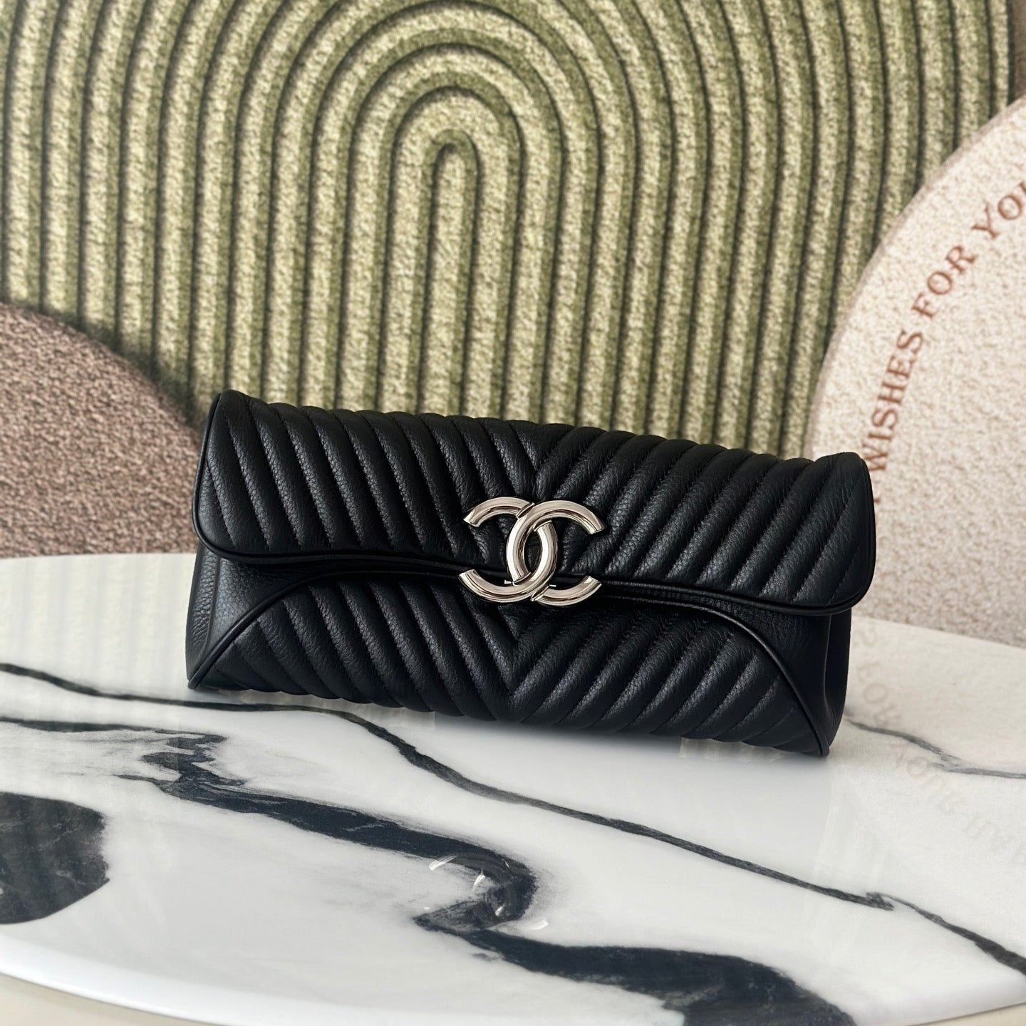 CC V-Quilted Clutch 30cm Black Grained Calfskin