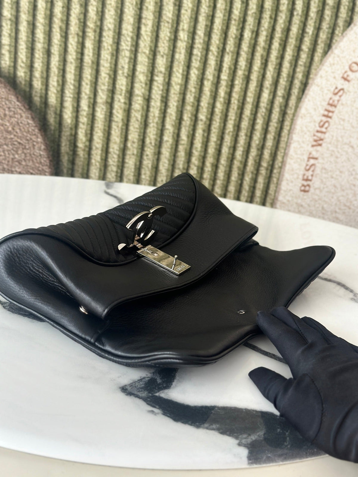 CC V-Quilted Clutch 30cm Black Grained Calfskin