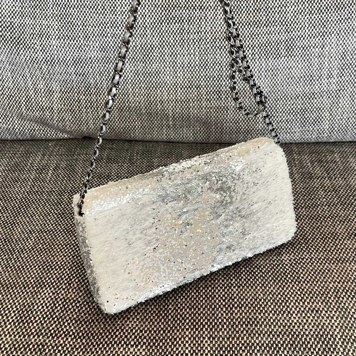 CC Flap Shoulder Bag 24cm Silver White Sequins