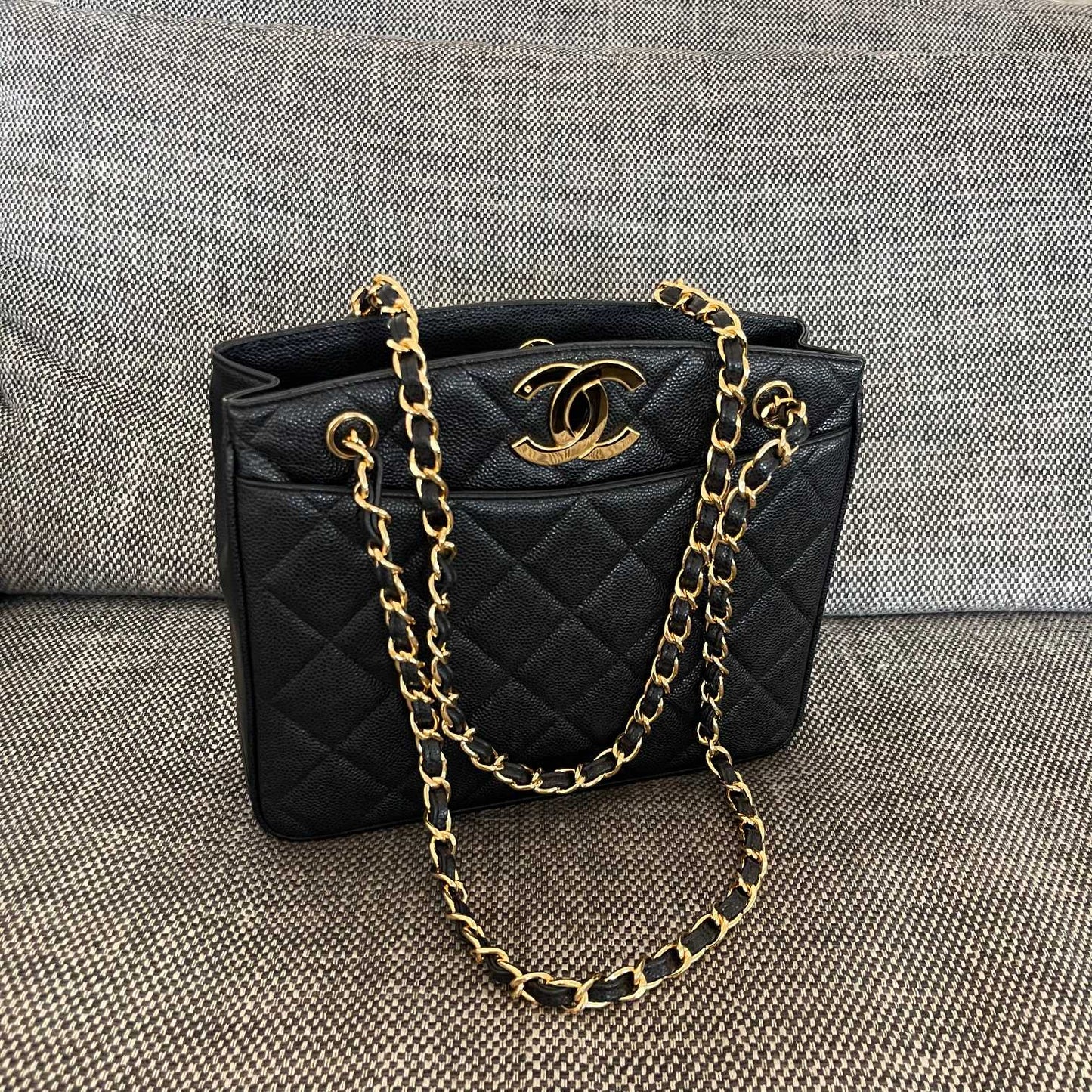 CC Vintage CC Lock Tote Bag 28cm Black Cowhide