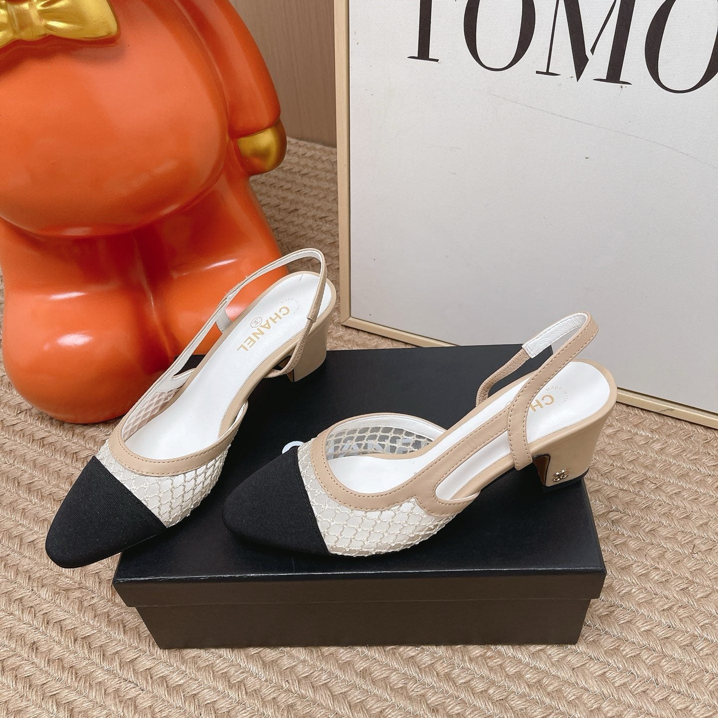 CC Slingback Pumps Black Beige Mesh Fabric 854591
