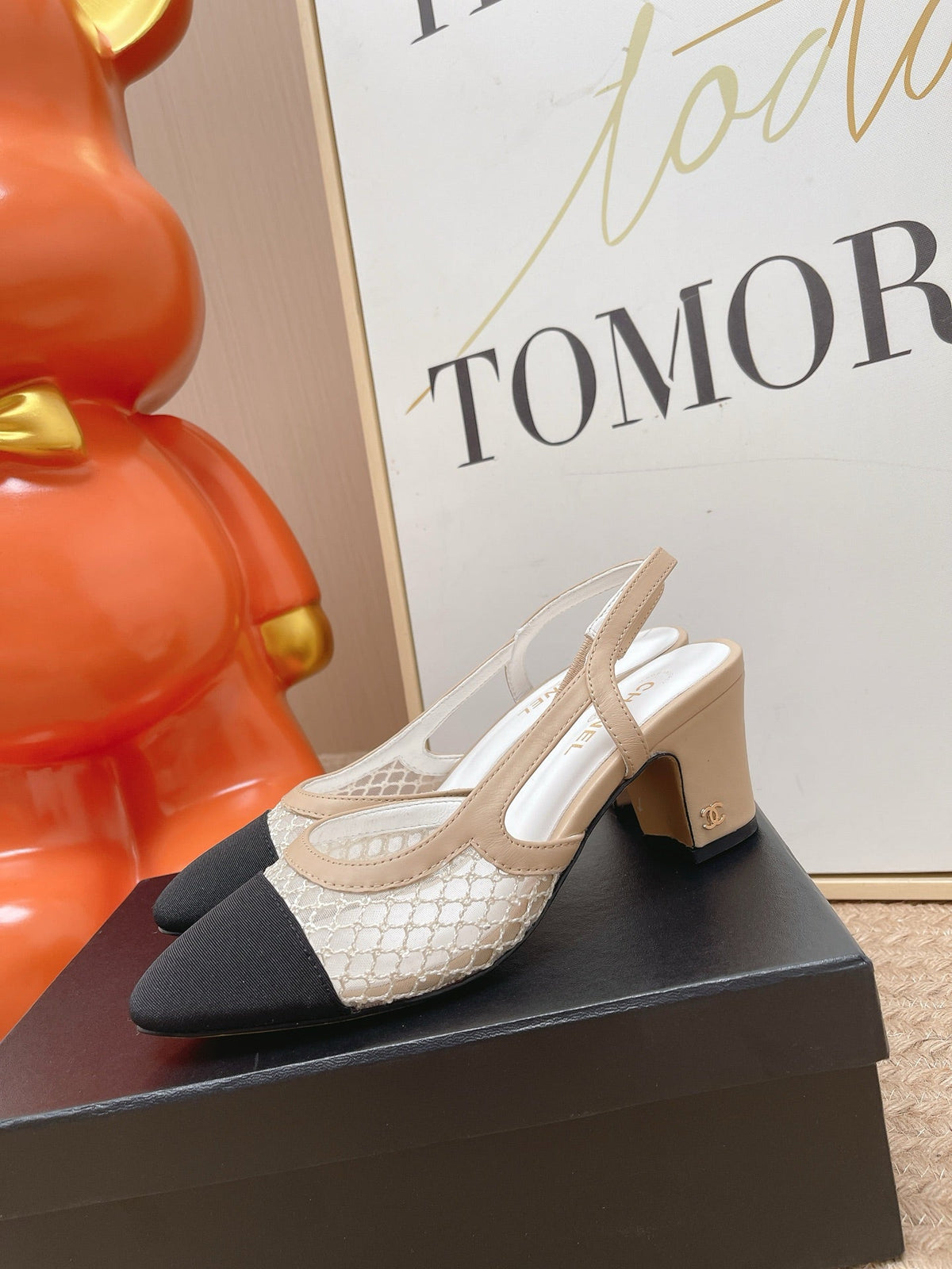 CC Slingback Pumps Black Beige Mesh Fabric 854591