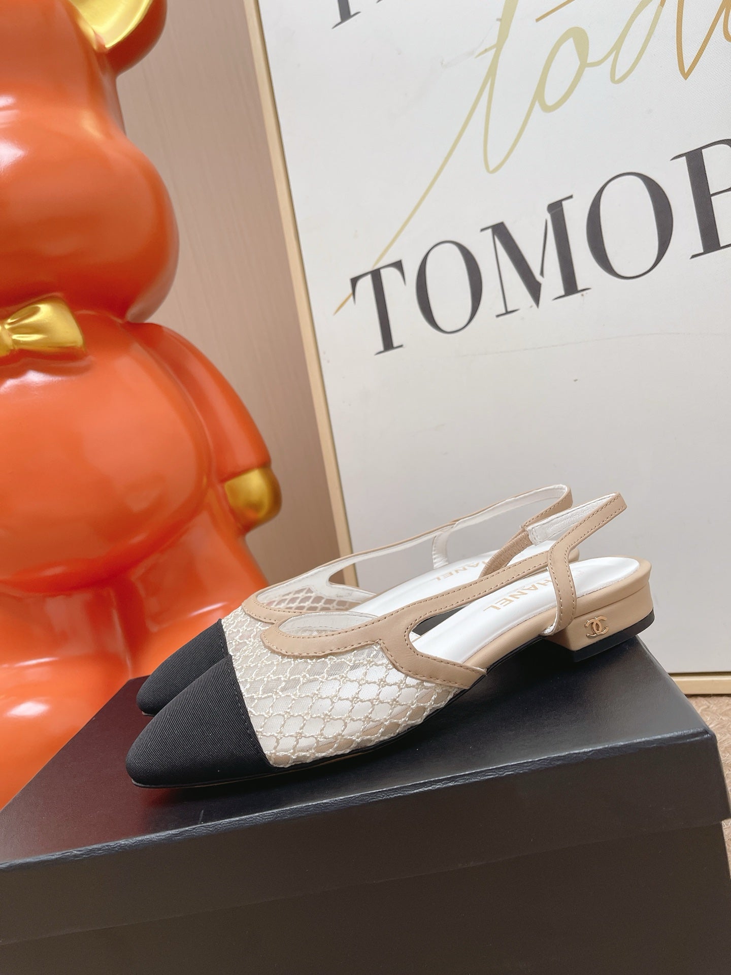 CC Slingback Flats Black Beige Mesh Fabric 854588