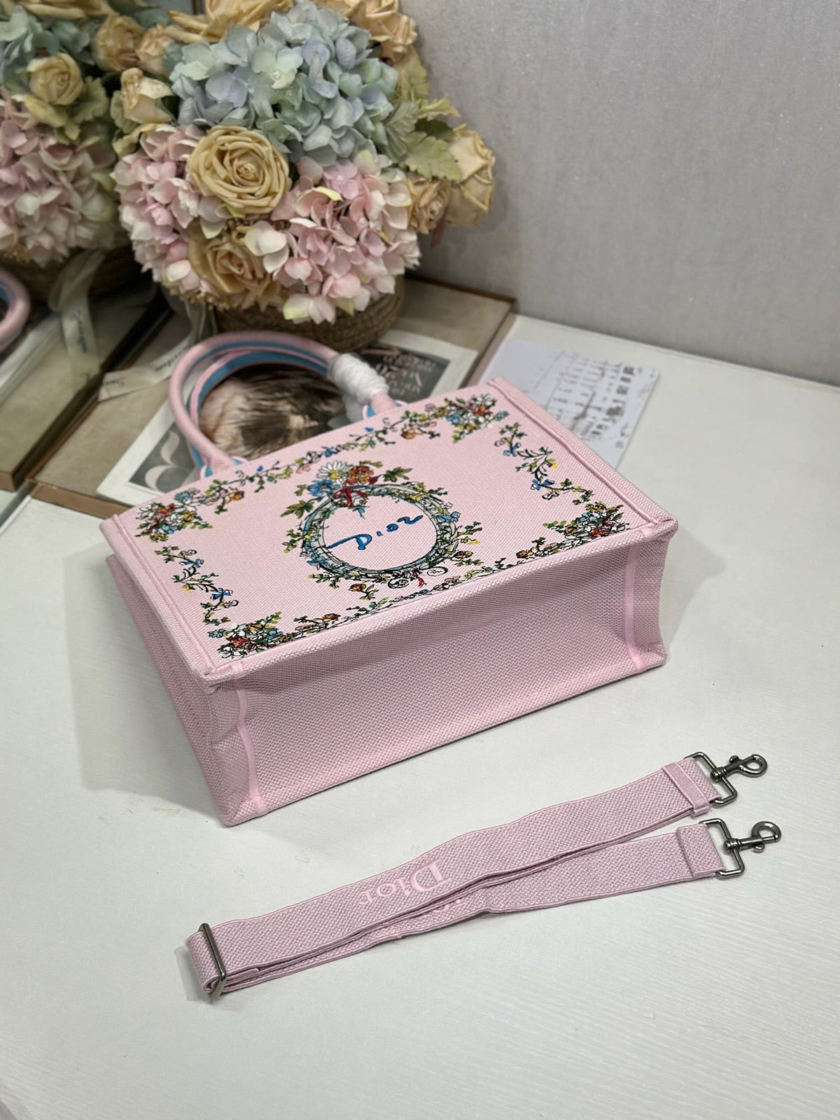 CD Medium Dioriviera Book Tote Pink Embroidered Canvas 158040