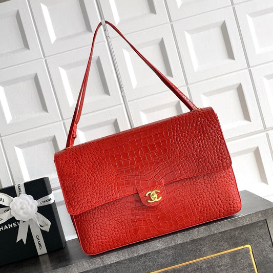 CC Croc Embossed Flap Bag 38.5cm Red Imported Leather 157997