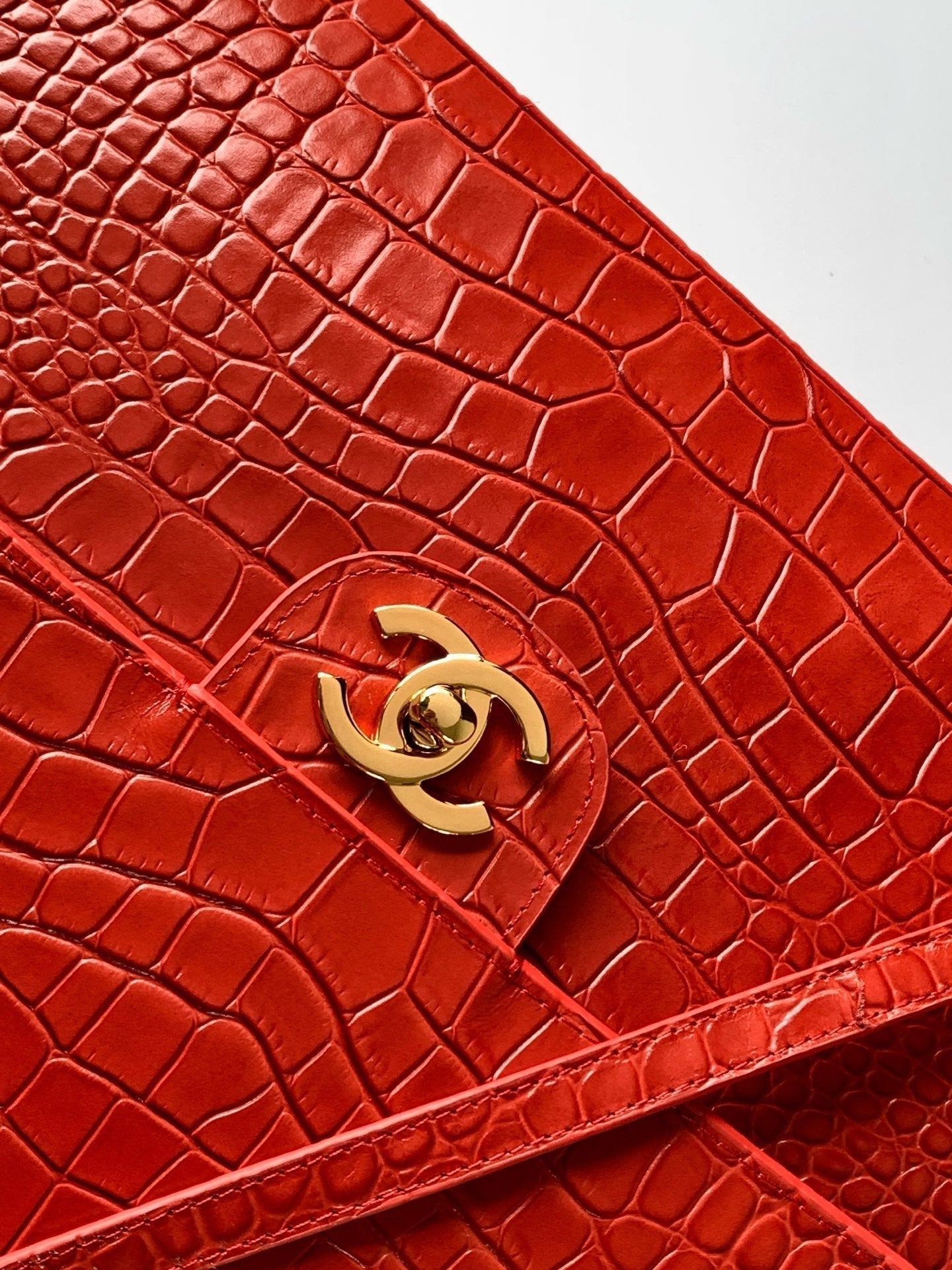 CC Croc Embossed Flap Bag 38.5cm Red Imported Leather 157997