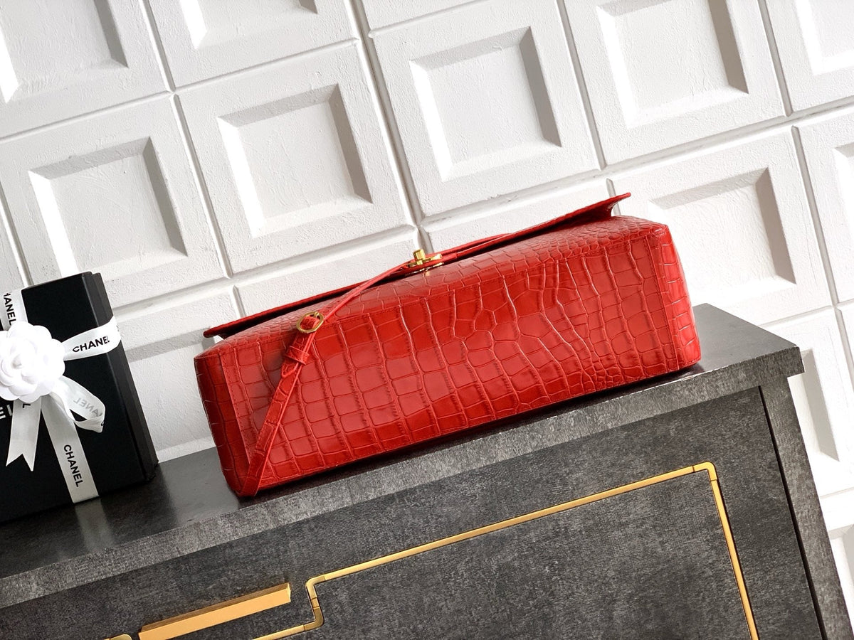 CC Croc Embossed Flap Bag 38.5cm Red Imported Leather 157997