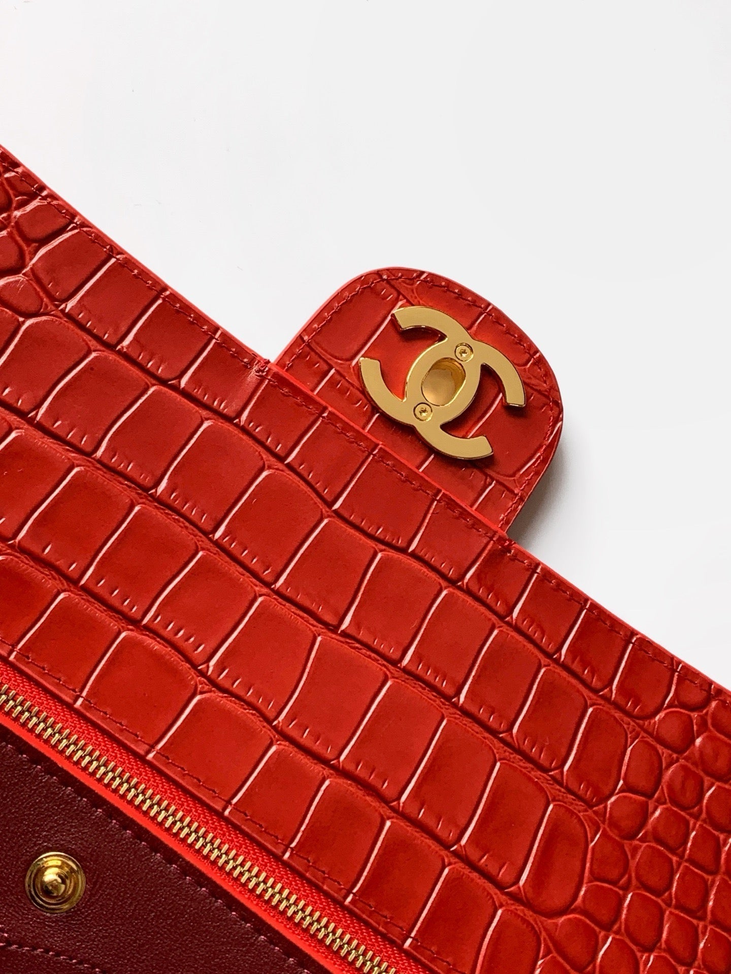 CC Croc Embossed Flap Bag 38.5cm Red Imported Leather 157997
