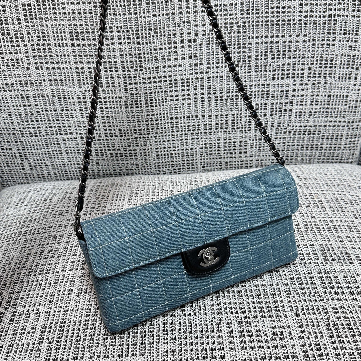 CC East-West Flap Bag 26cm Blue Plaid Denim