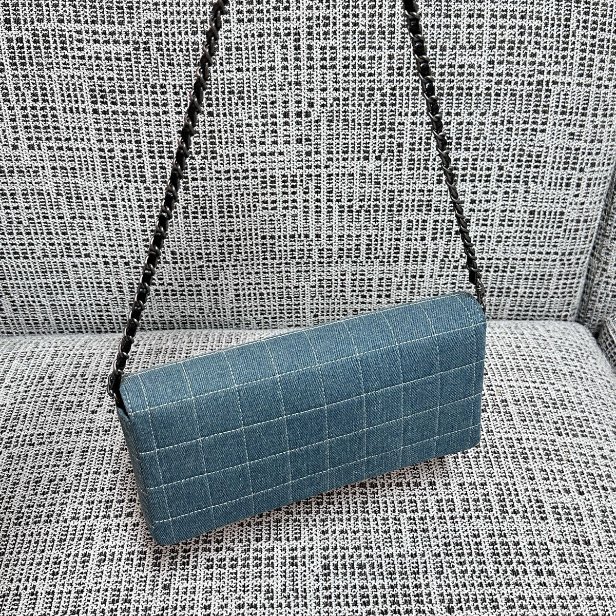 CC East-West Flap Bag 26cm Blue Plaid Denim