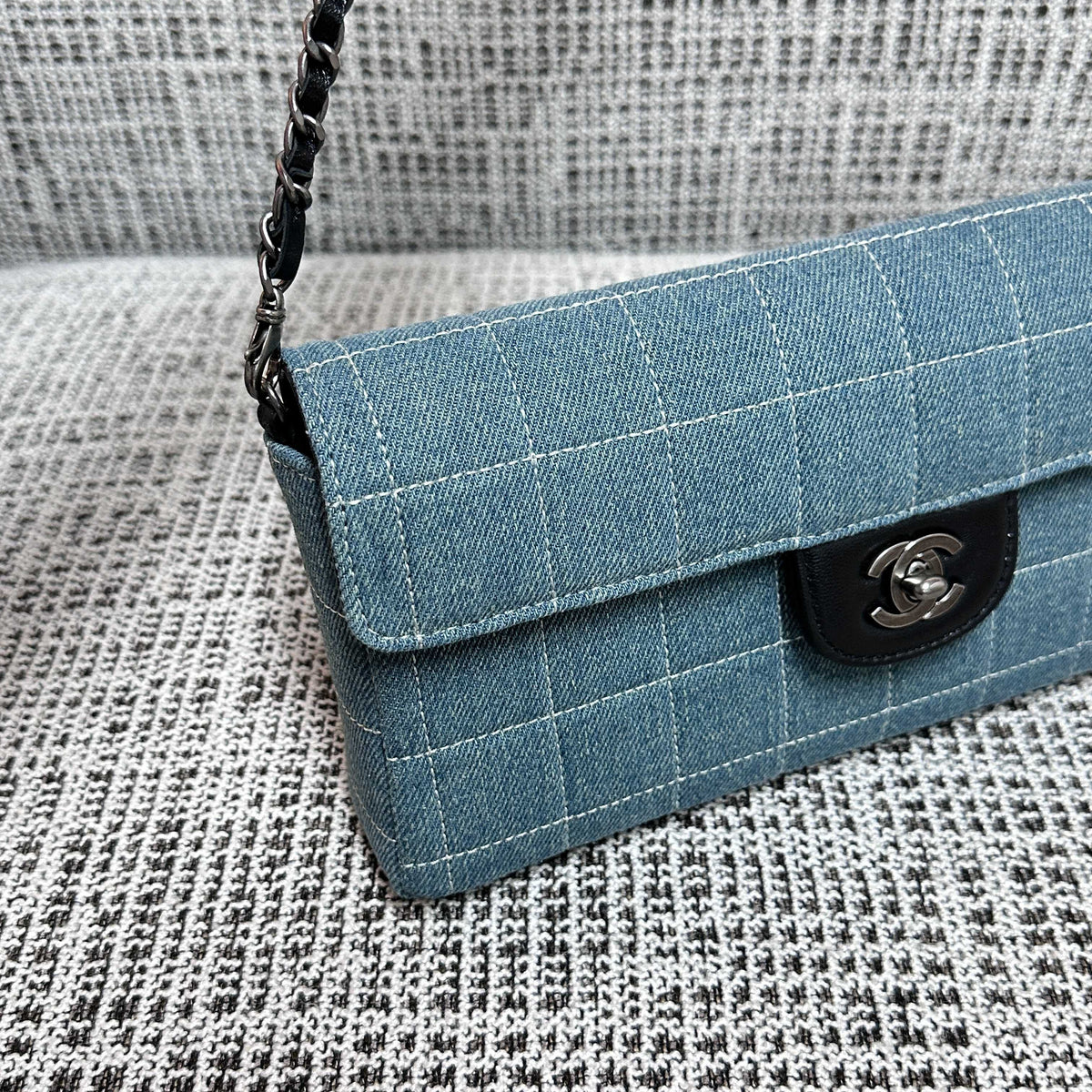 CC East-West Flap Bag 26cm Blue Plaid Denim
