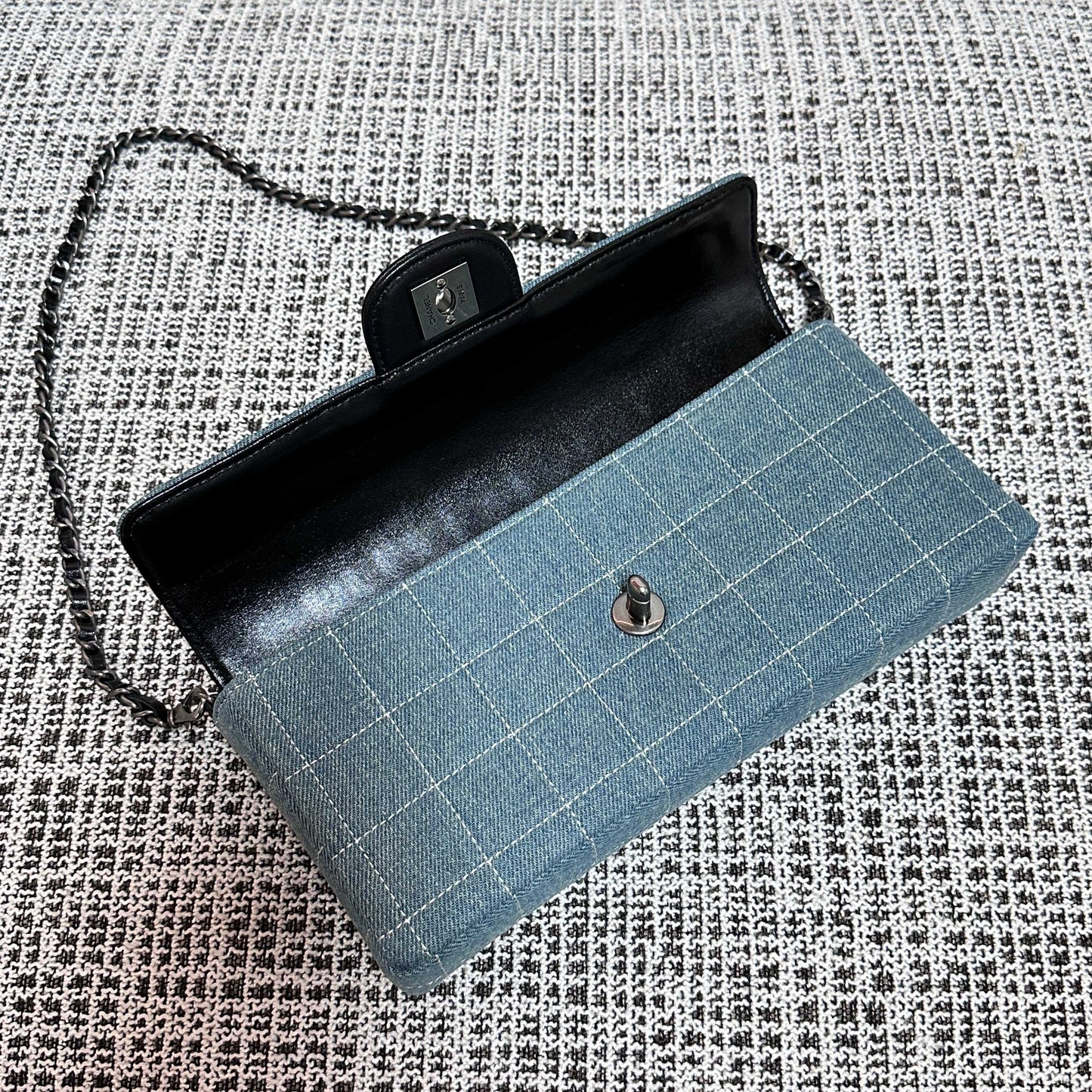 CC East-West Flap Bag 26cm Blue Plaid Denim