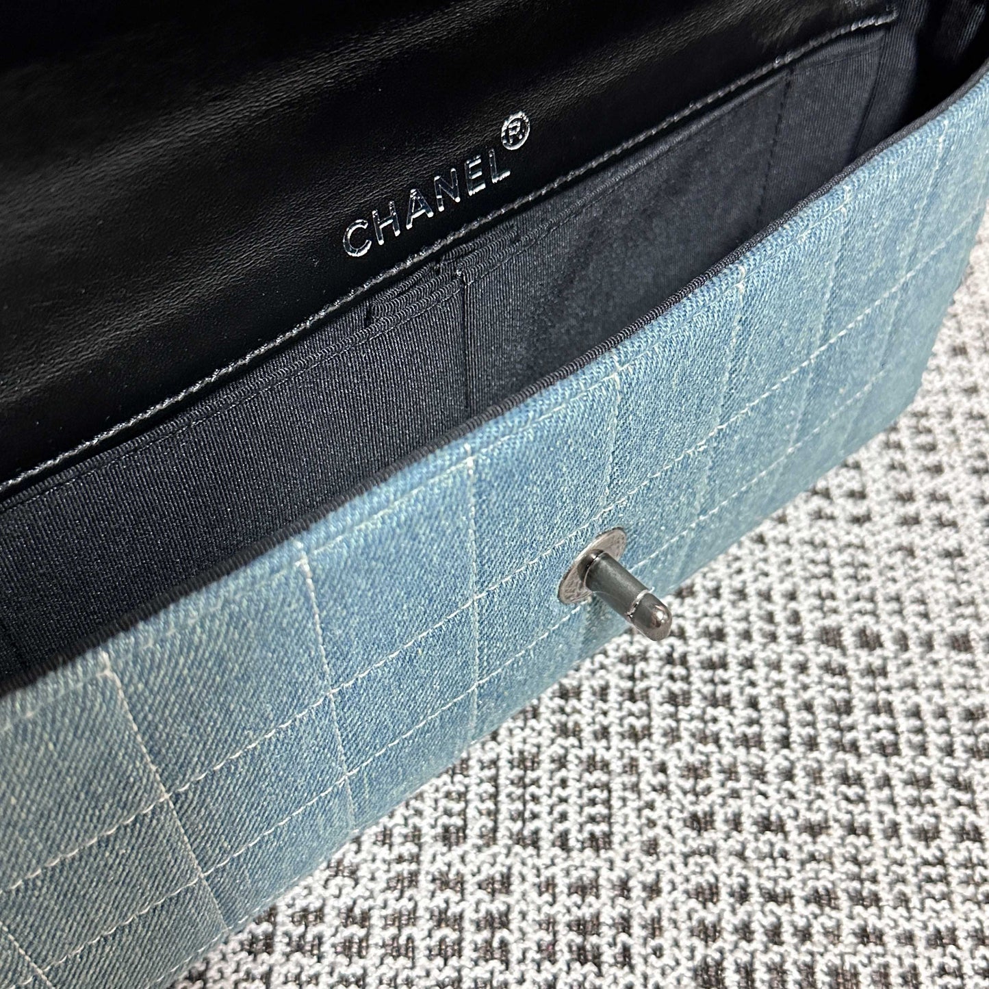 CC East-West Flap Bag 26cm Blue Plaid Denim