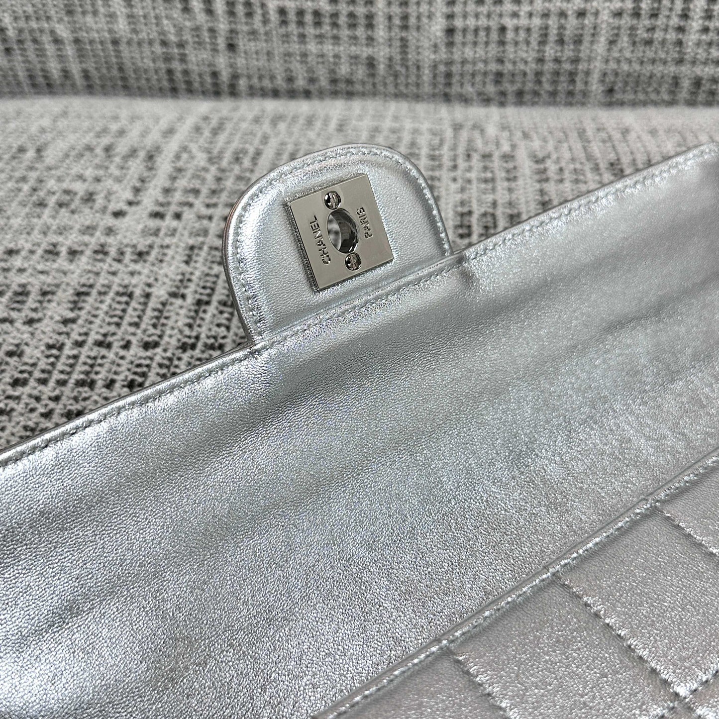 CC East-West Flap Bag 26cm Silver Lambskin