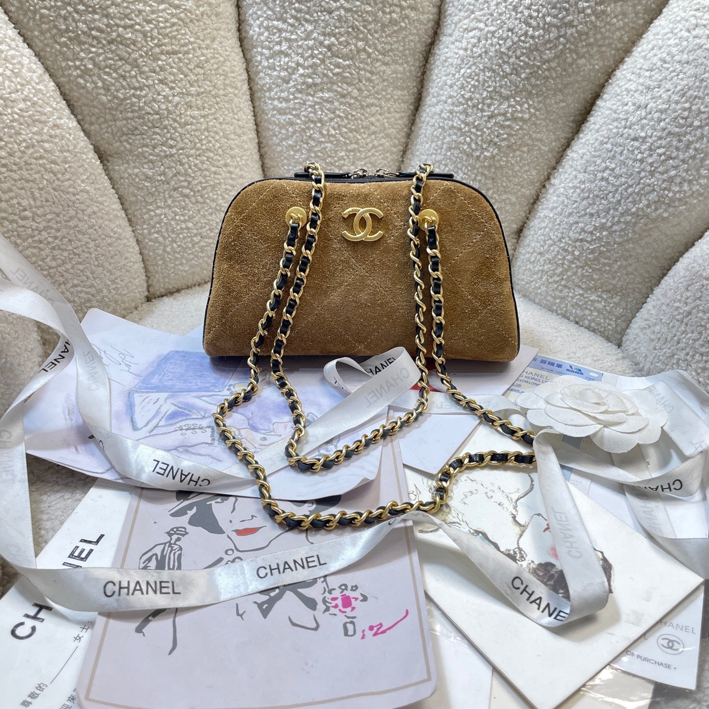 CC 26P Bowling Bag Chain Strap 19.5cn Camel Suede GHW