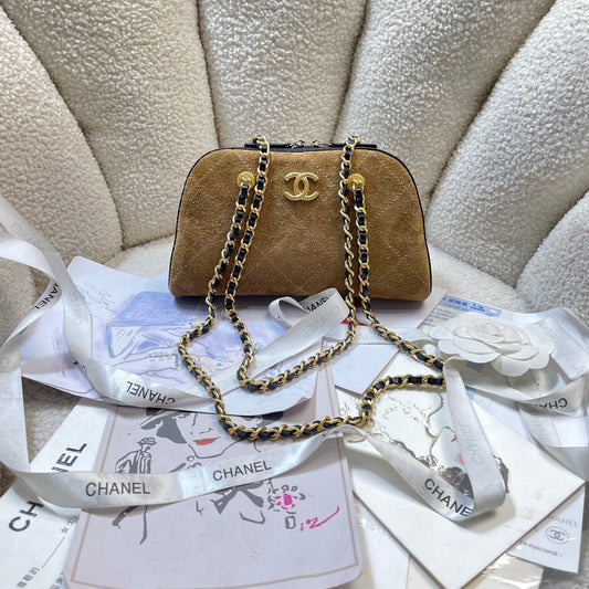 CC 26P Bowling Bag Chain Strap 19.5cn Camel Suede GHW