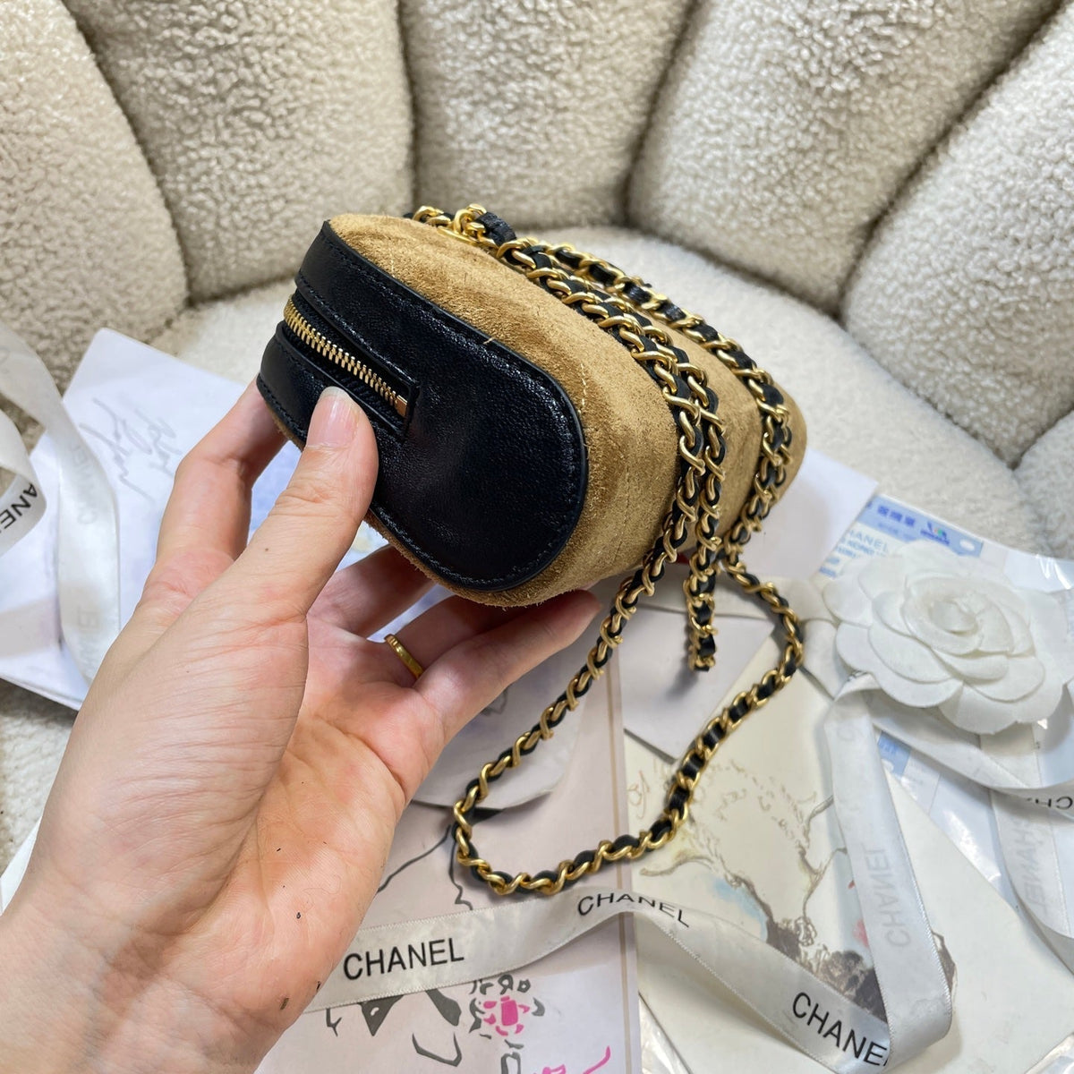 CC 26P Bowling Bag Chain Strap 19.5cn Camel Suede GHW