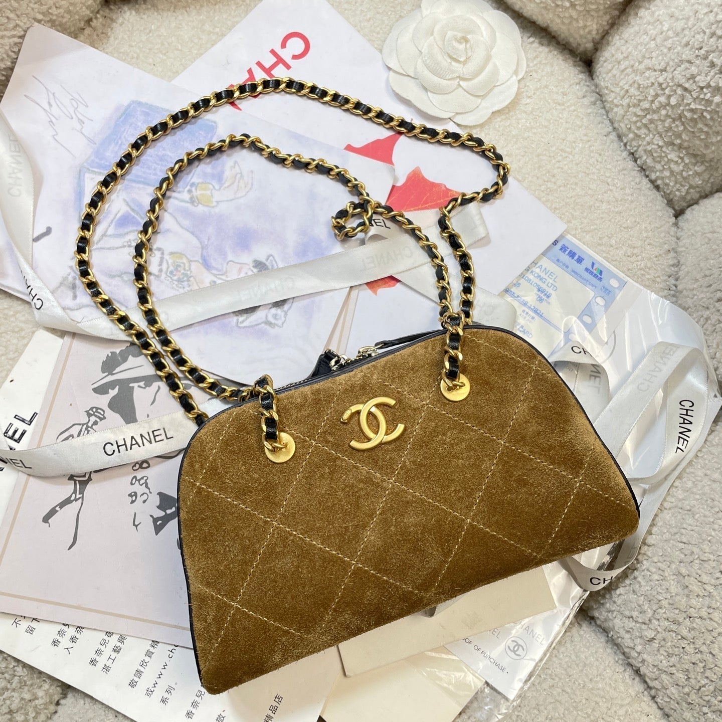 CC 26P Bowling Bag Chain Strap 19.5cn Camel Suede GHW