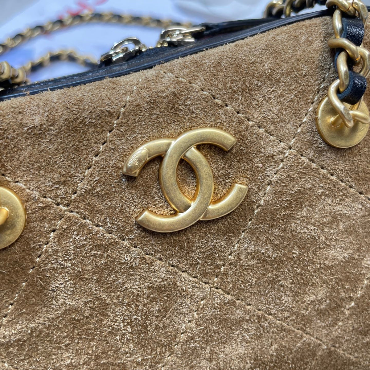 CC 26P Bowling Bag Chain Strap 19.5cn Camel Suede GHW