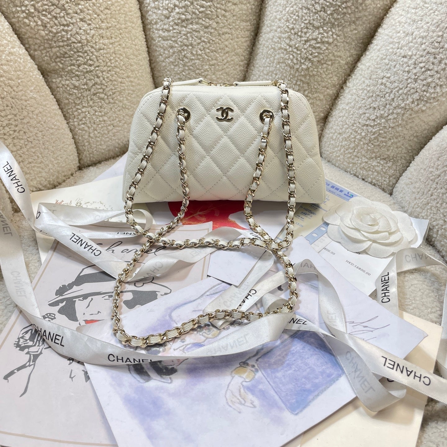 CC 26P Bowling Bag Chain Strap 19.5cn White Caviar Cowhide GHW
