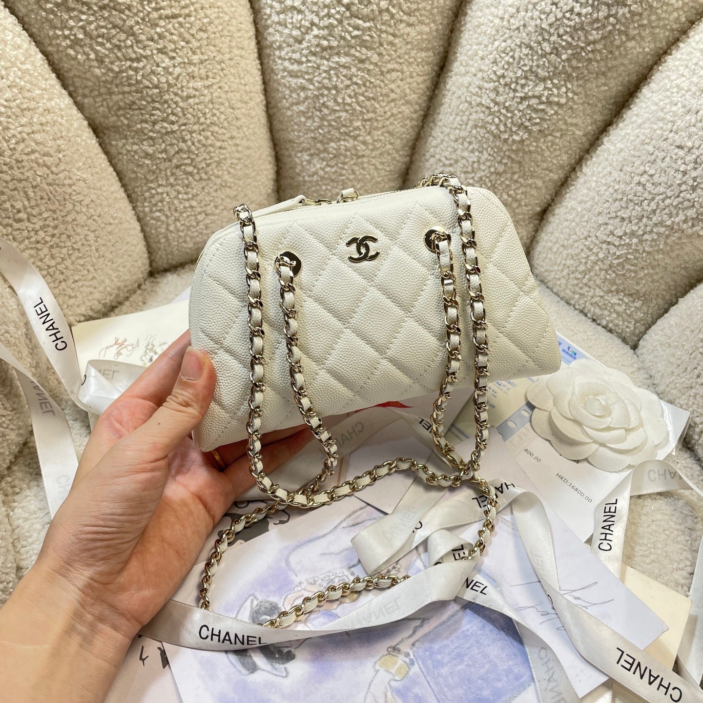 CC 26P Bowling Bag Chain Strap 19.5cn White Caviar Cowhide GHW