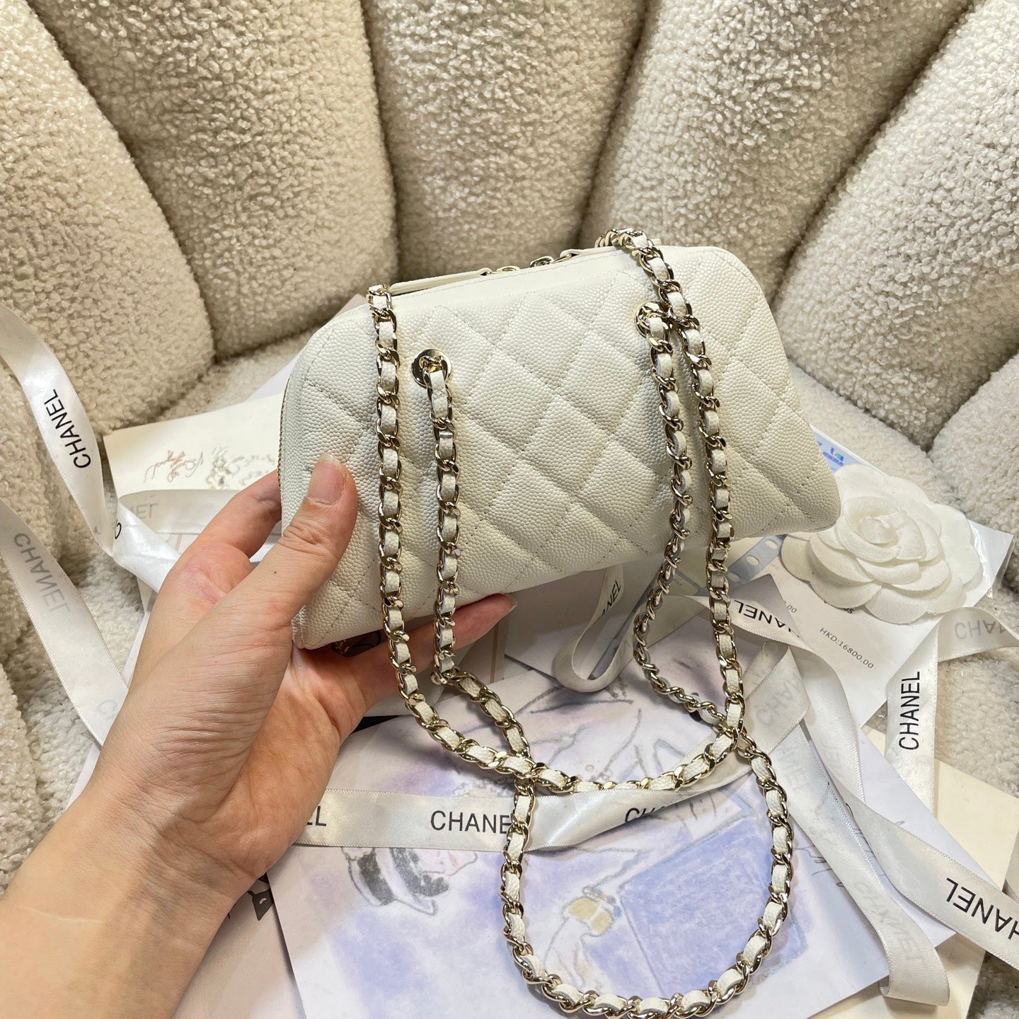 CC 26P Bowling Bag Chain Strap 19.5cn White Caviar Cowhide GHW