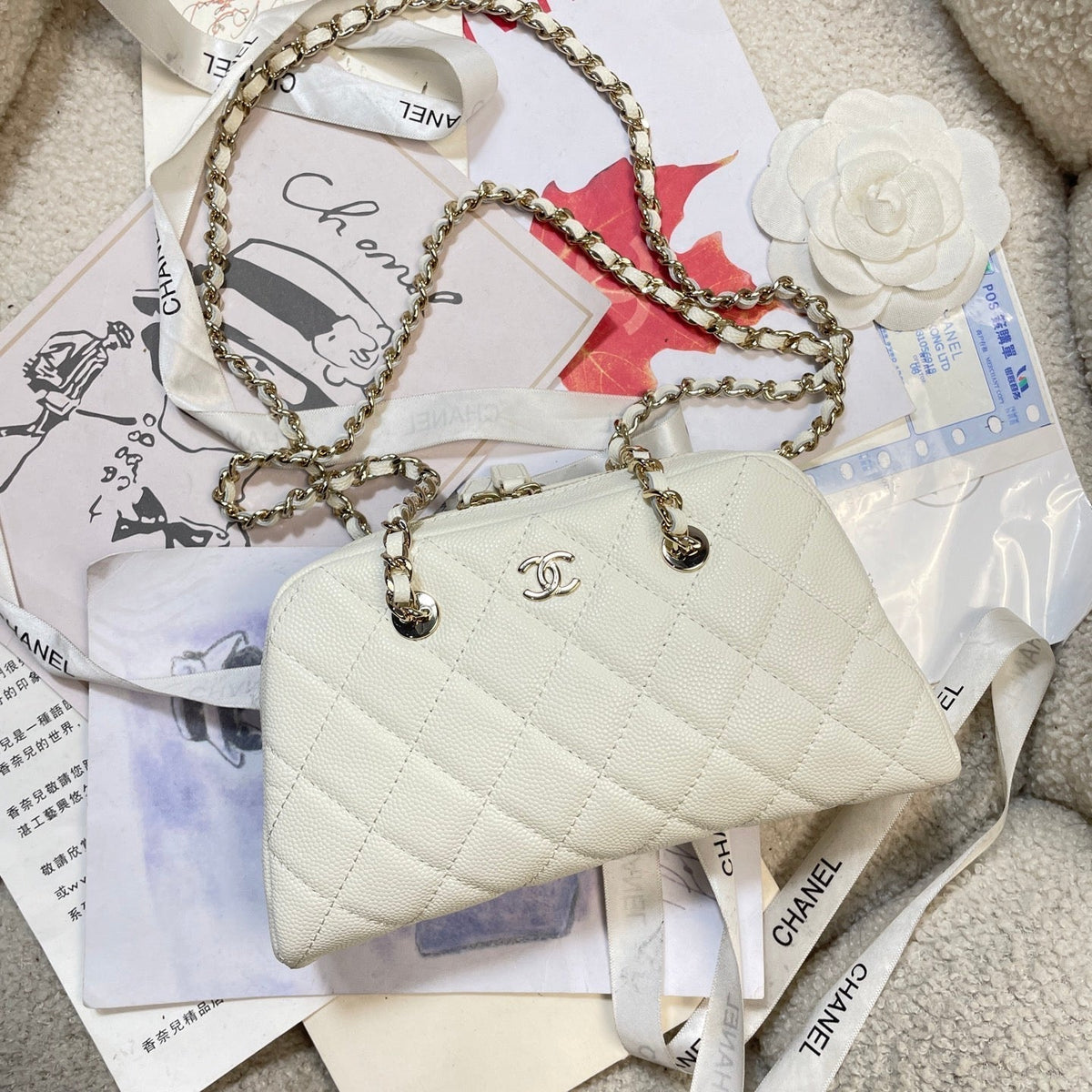 CC 26P Bowling Bag Chain Strap 19.5cn White Caviar Cowhide GHW