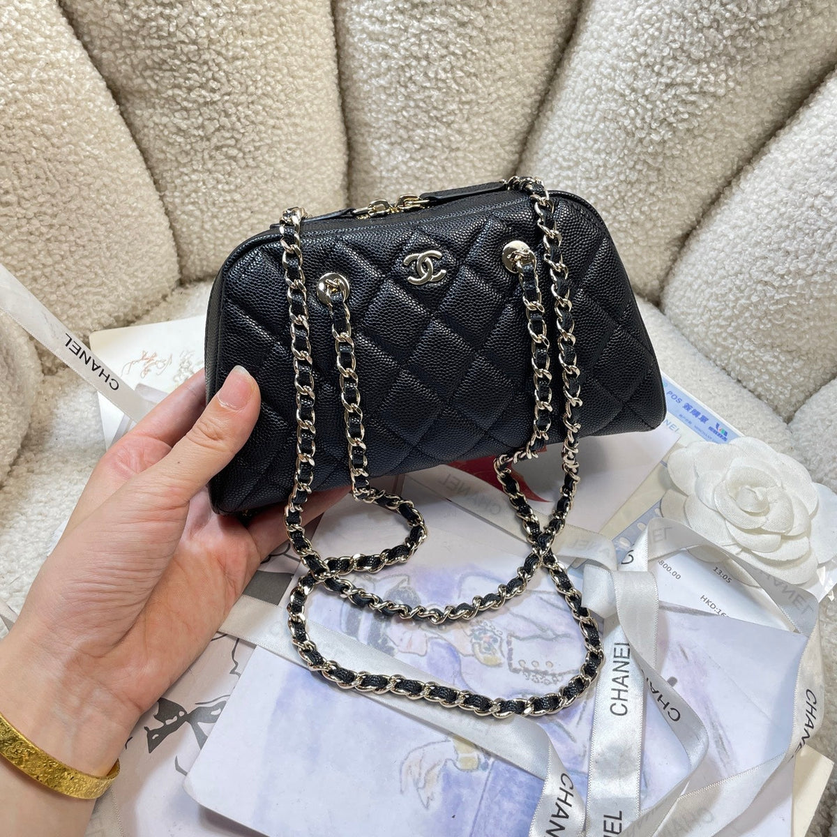 CC 26P Bowling Bag Chain Strap 19.5cn Black Caviar Cowhide GHW
