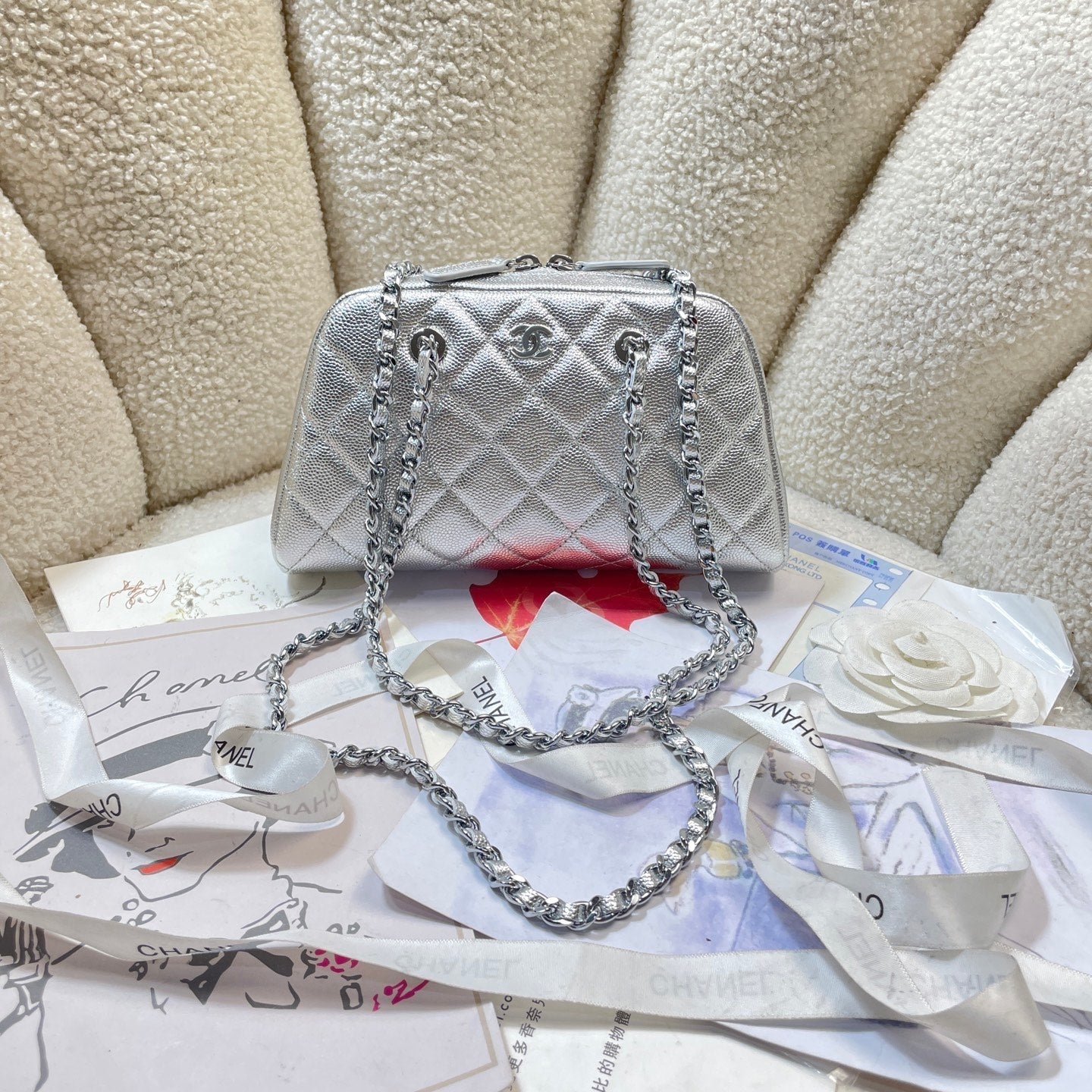 CC 26P Bowling Bag Chain Strap 19.5cn Silver Metallic Caviar Cowhide