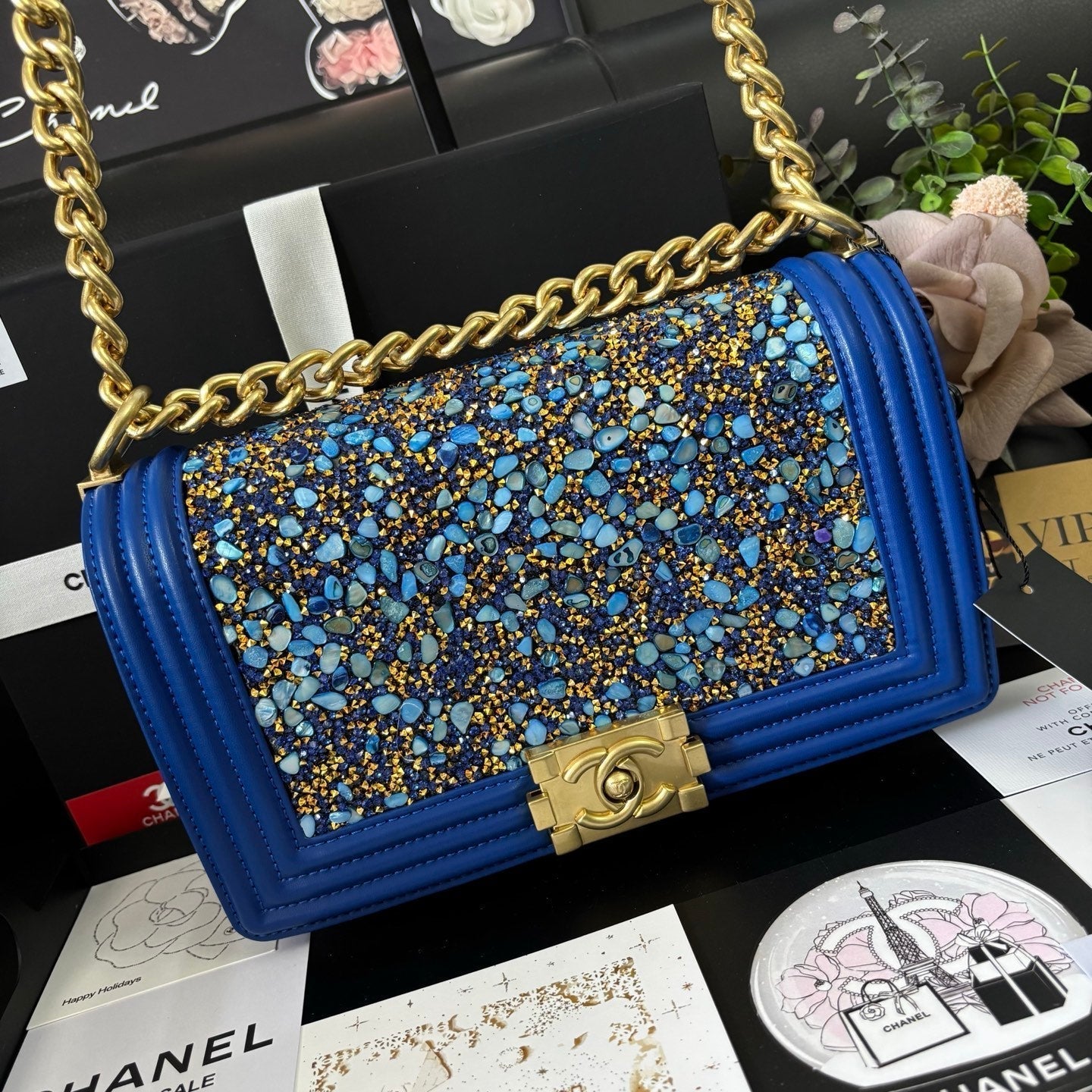 CC Le Boy Flap Bag Crystal Embellished 25cm Blue GHW 158378