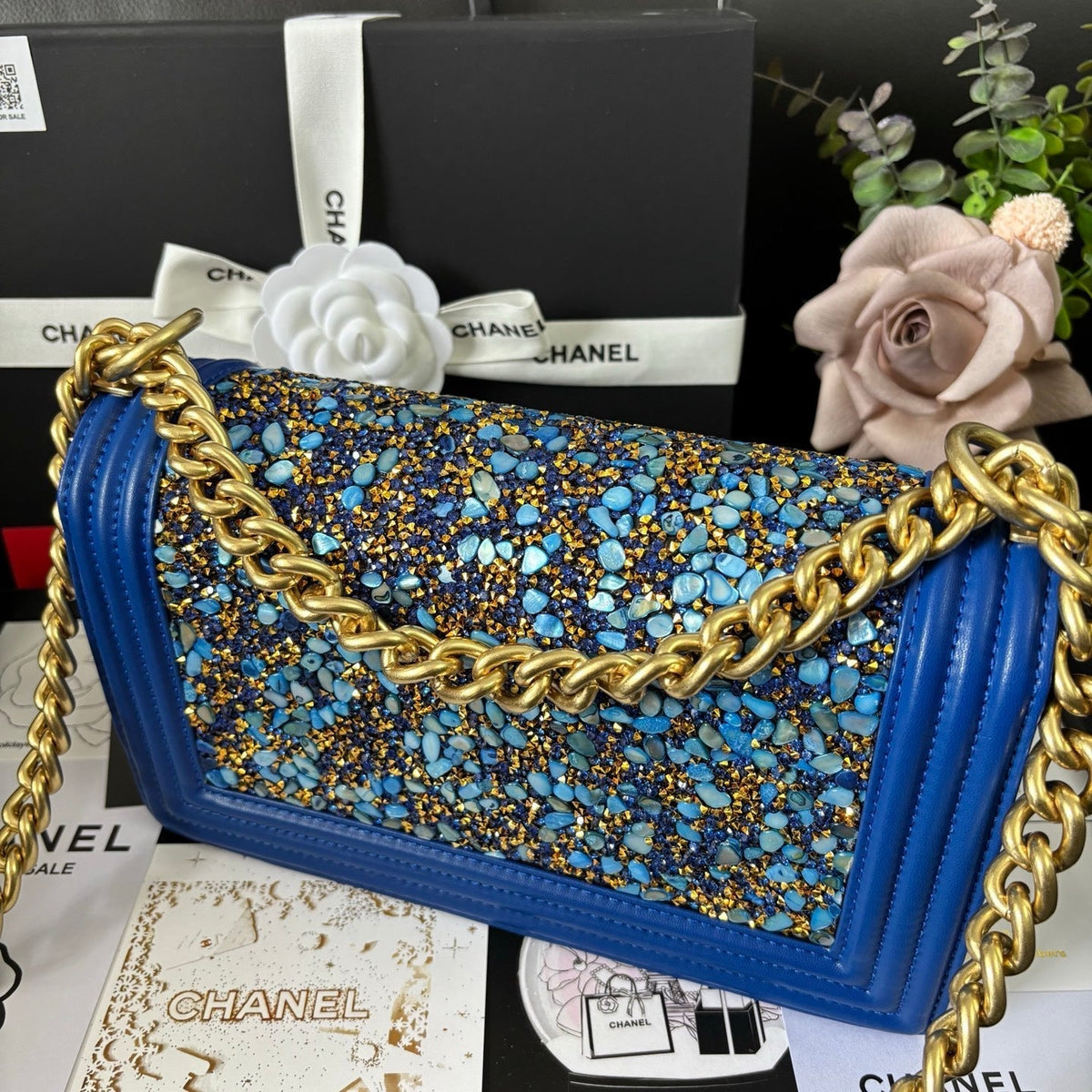CC Le Boy Flap Bag Crystal Embellished 25cm Blue GHW 158378