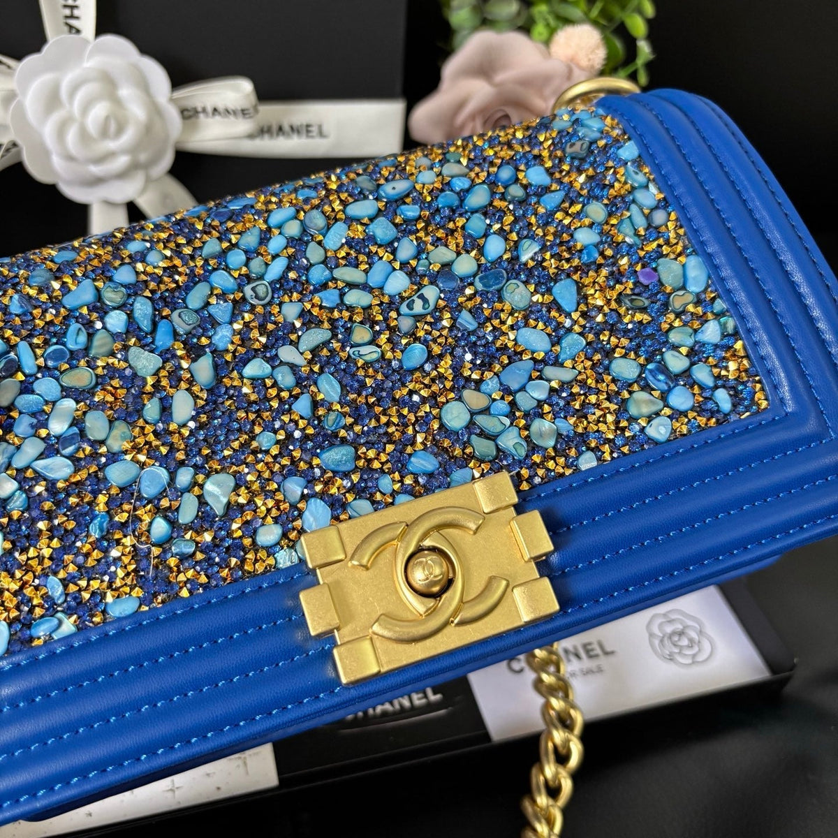 CC Le Boy Flap Bag Crystal Embellished 25cm Blue GHW 158378