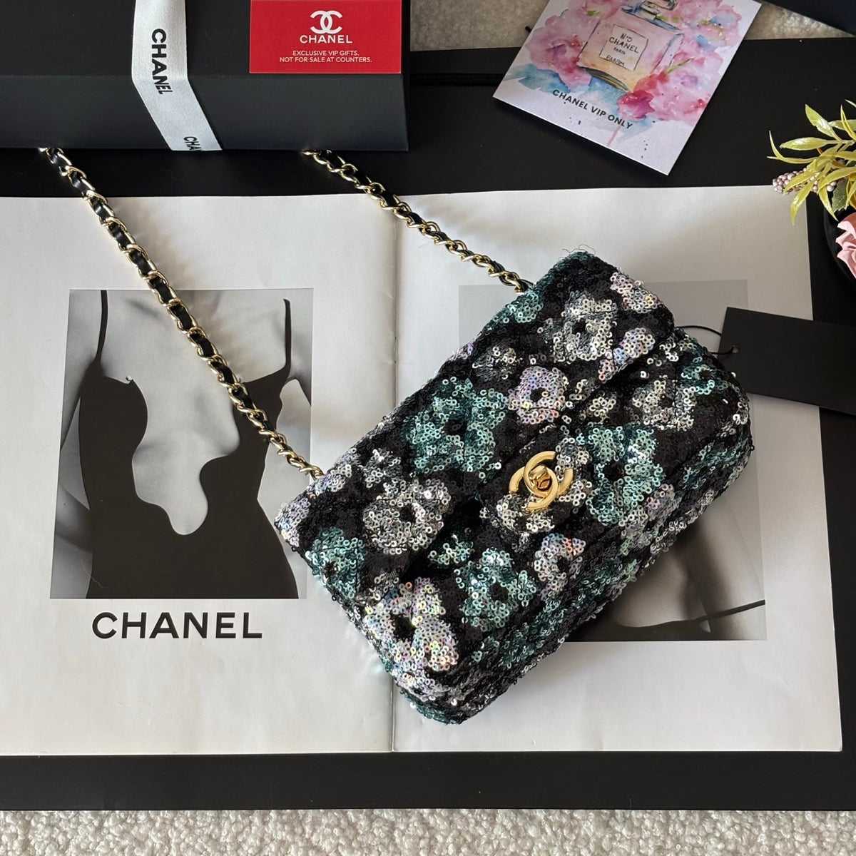 CC Flap Bag Floral 20cm Black Multicolor Sequin Leather GHW 158376