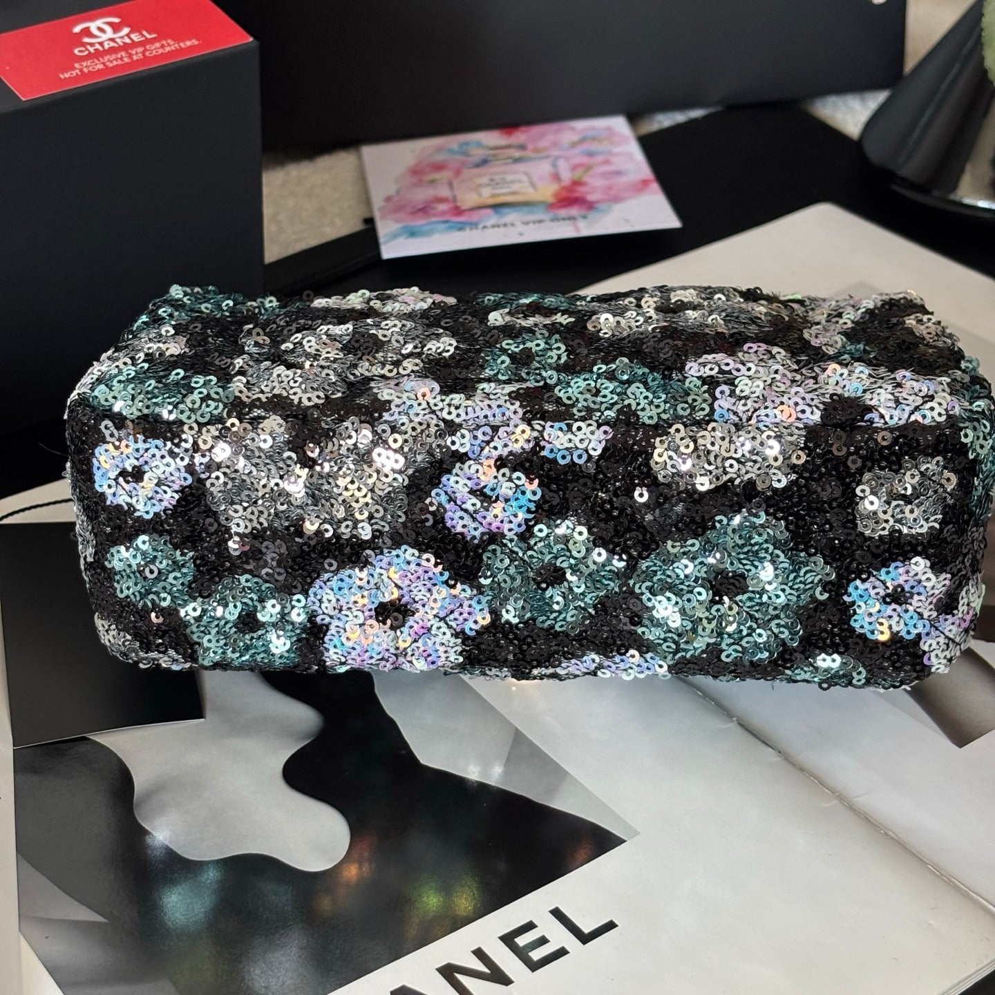 CC Flap Bag Floral 20cm Black Multicolor Sequin Leather GHW 158376