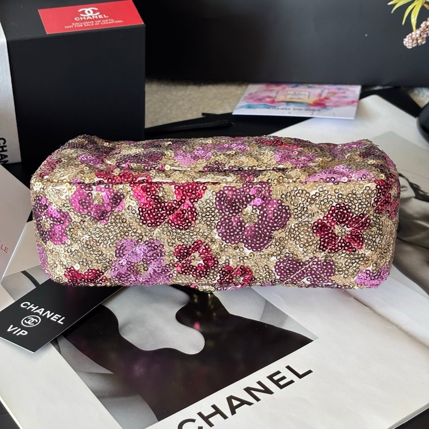 CC Flap Bag Floral 20cm Begie Pink Sequin Leather GHW 158375