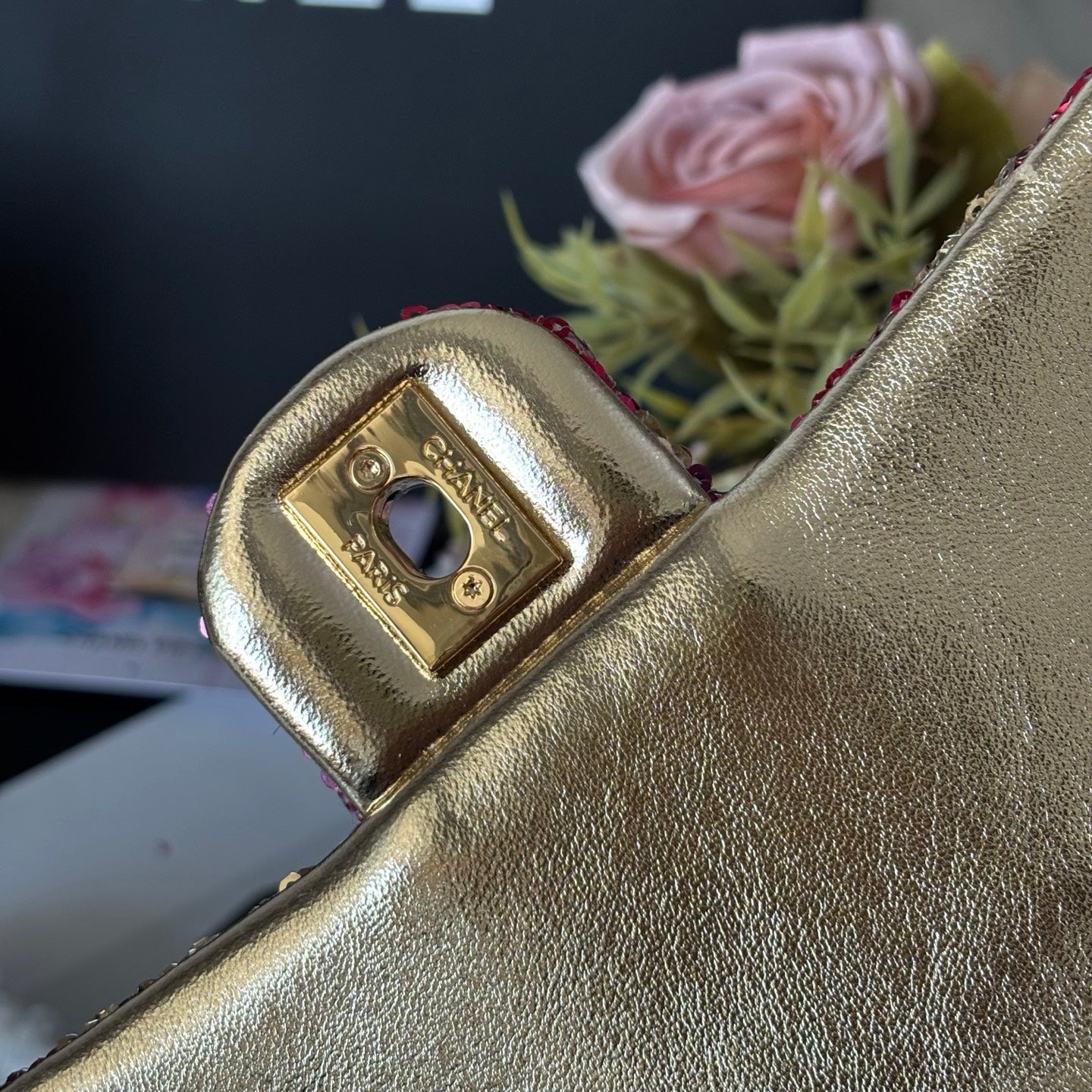 CC Flap Bag Floral 20cm Begie Pink Sequin Leather GHW 158375