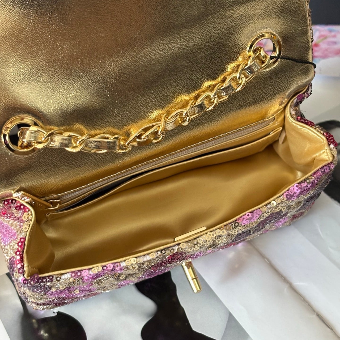 CC Flap Bag Floral 20cm Begie Pink Sequin Leather GHW 158375