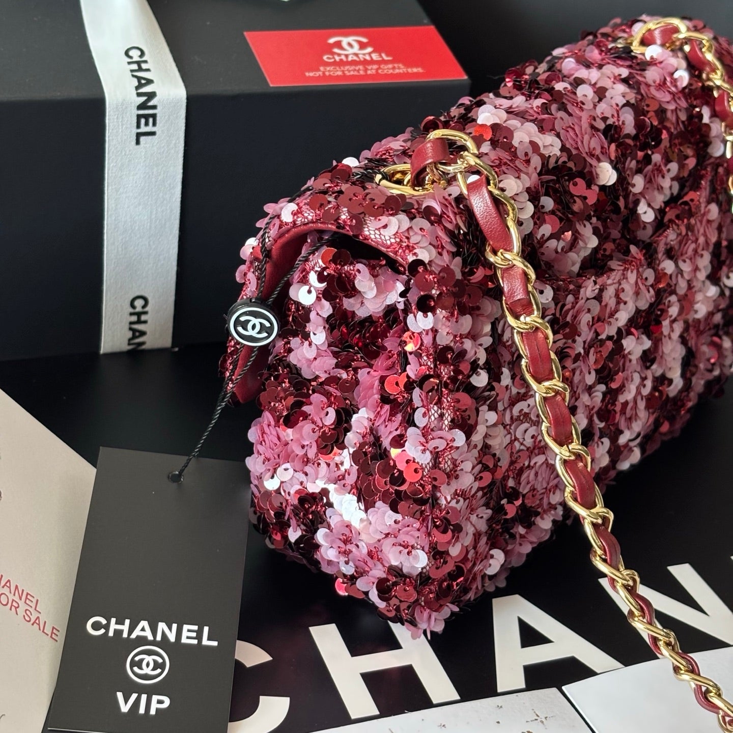 CC Flap Bag Floral 20cm Pink Sequin Leather GHW 158374