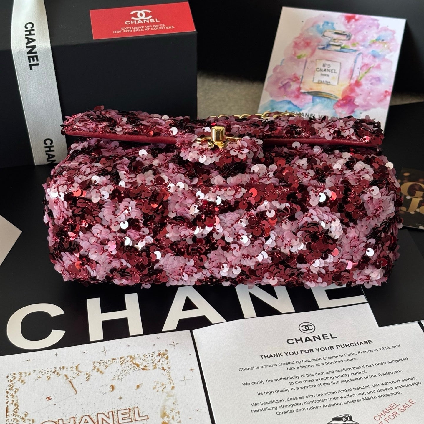 CC Flap Bag Floral 20cm Pink Sequin Leather GHW 158374