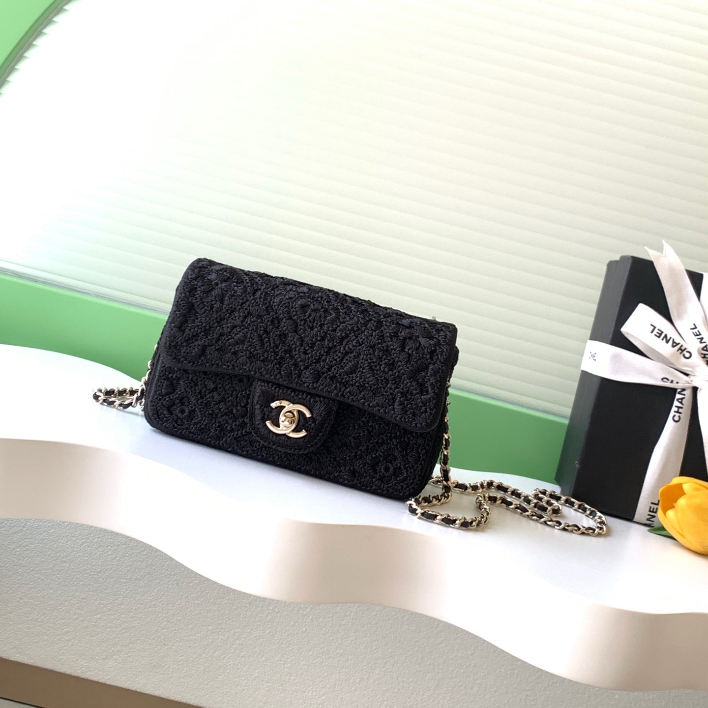 CC 26P Crochet Flap Bag Chain Strap 21cm Black Tweed 292260