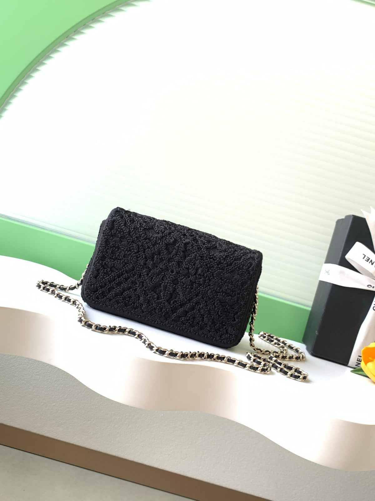 CC 26P Crochet Flap Bag Chain Strap 21cm Black Tweed 292260