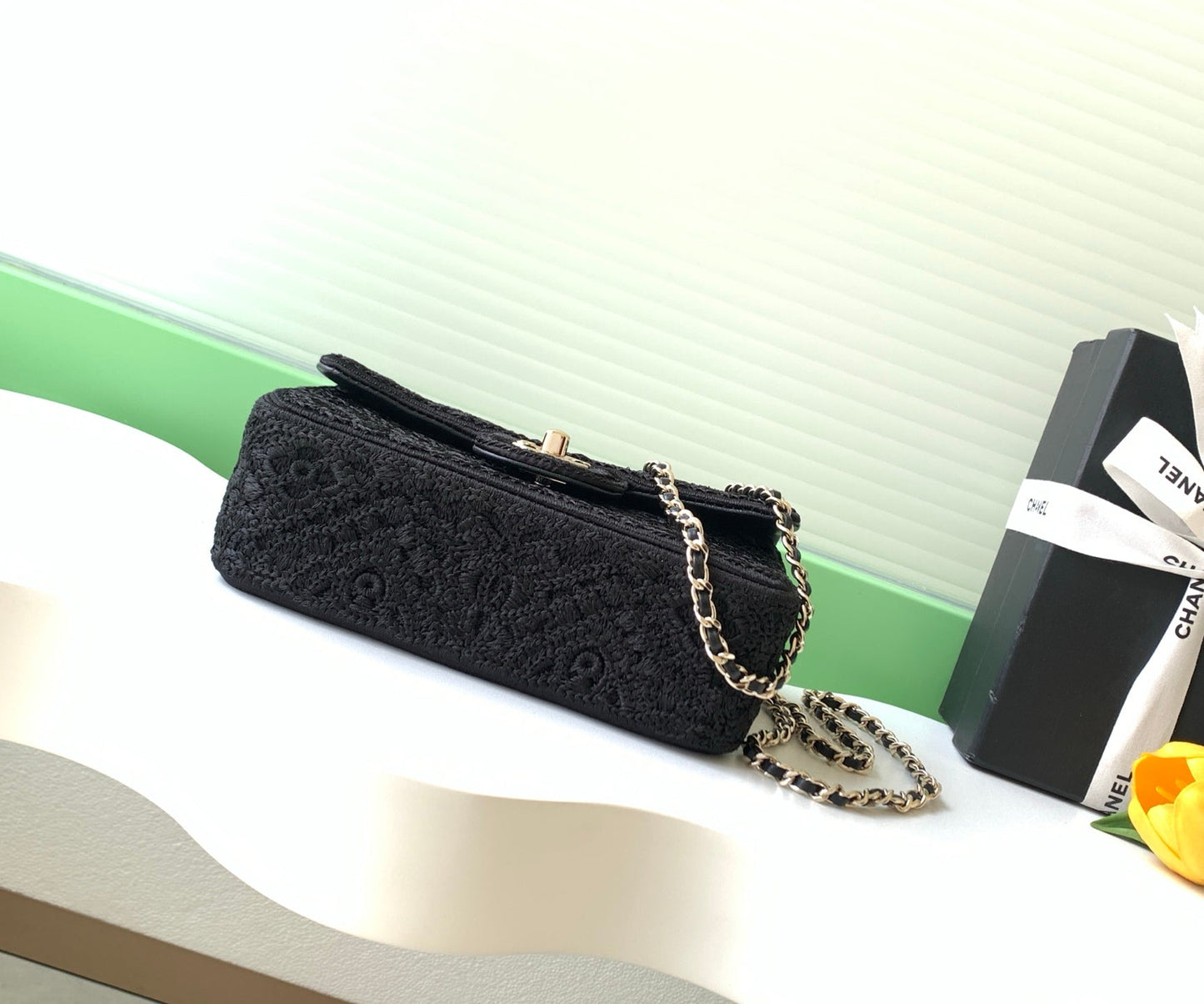 CC 26P Crochet Flap Bag Chain Strap 21cm Black Tweed 292260