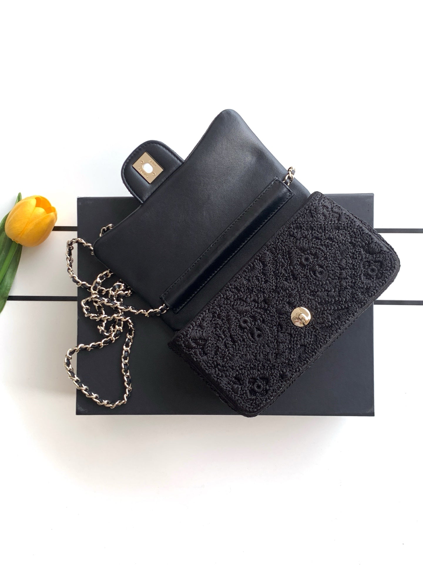 CC 26P Crochet Flap Bag Chain Strap 21cm Black Tweed 292260
