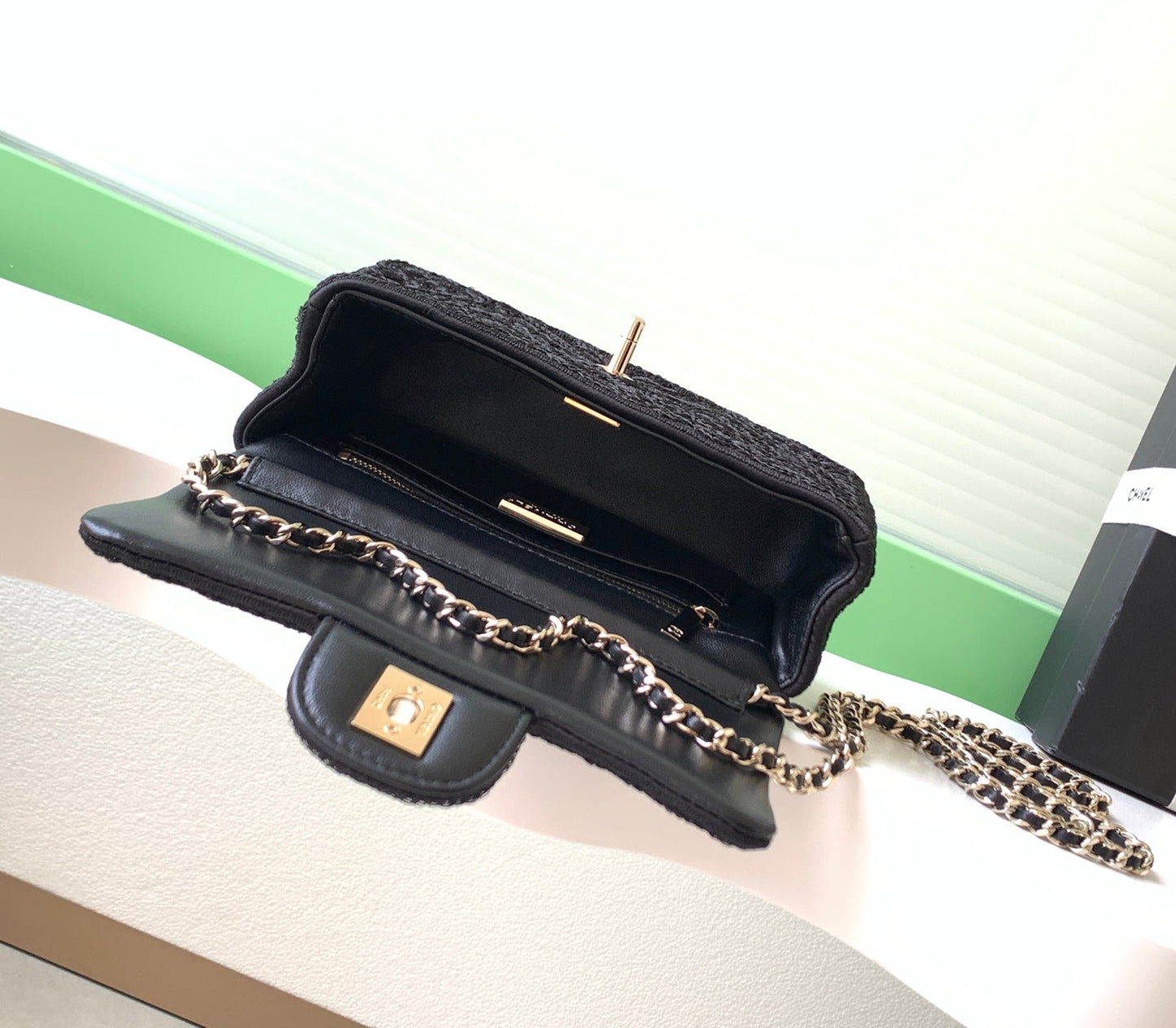 CC 26P Crochet Flap Bag Chain Strap 21cm Black Tweed 292260