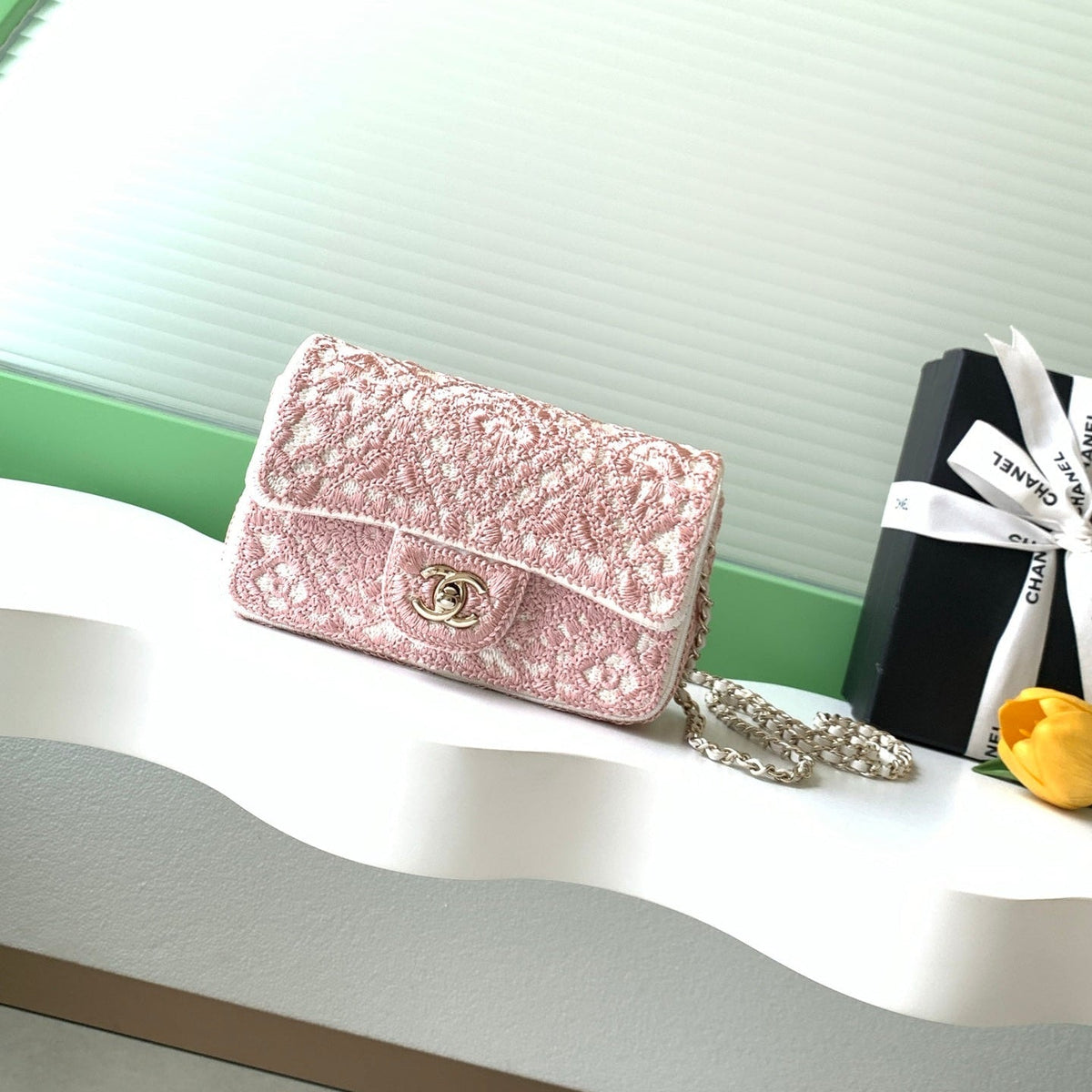 CC 26P Crochet Flap Bag Chain Strap 21cm Pink Tweed 292262