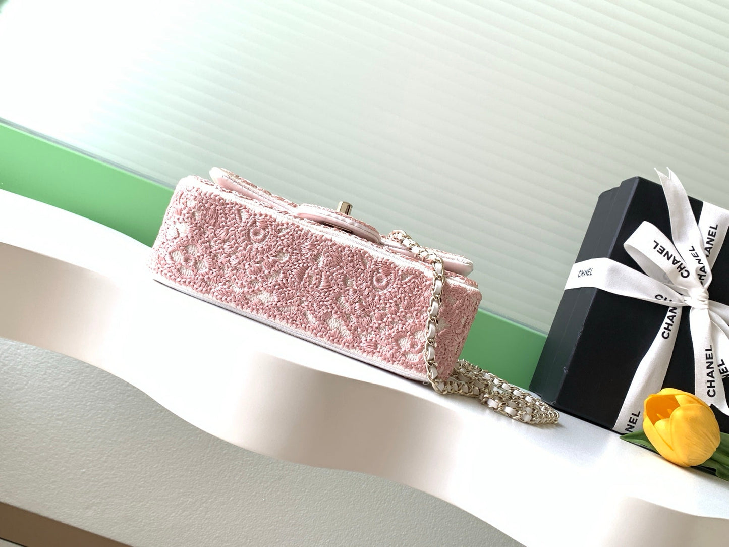 CC 26P Crochet Flap Bag Chain Strap 21cm Pink Tweed 292262