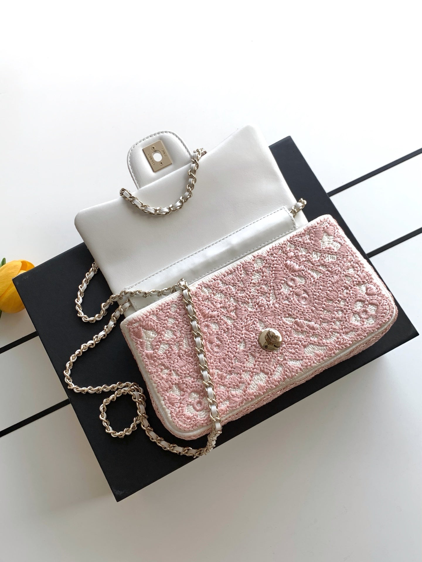 CC 26P Crochet Flap Bag Chain Strap 21cm Pink Tweed 292262